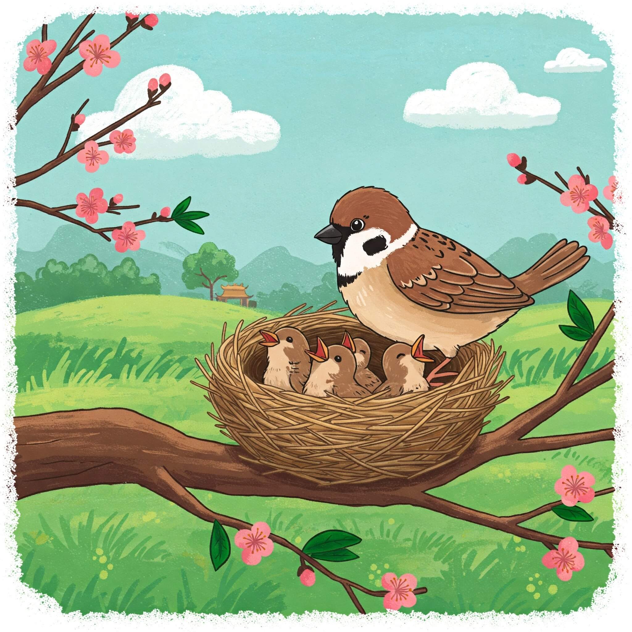 Chim sẻ mẹ và 4 chim sẻ con